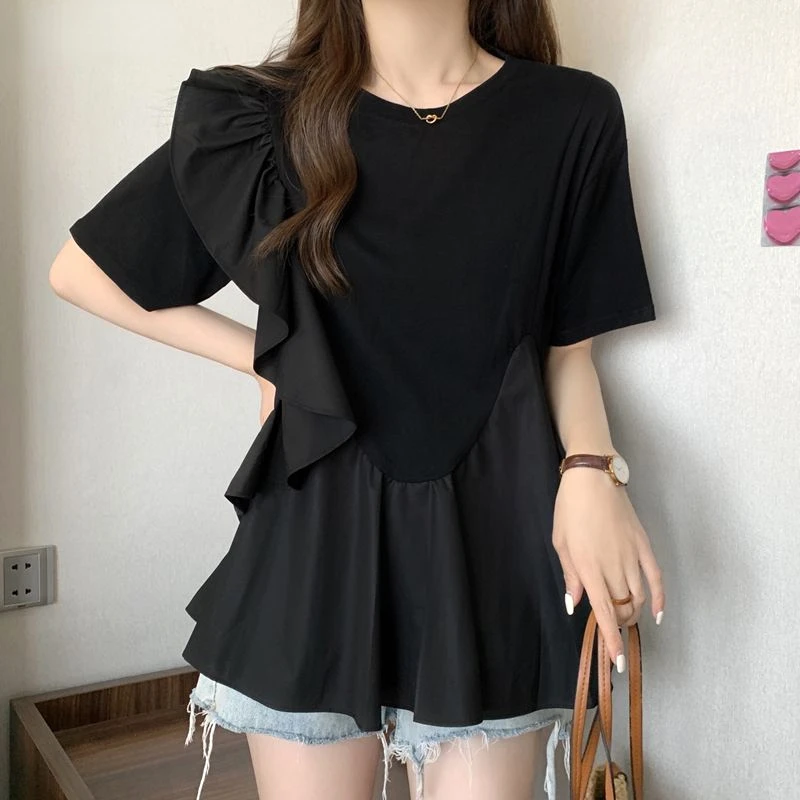 

Temperament T-Shirts Solid Color Patchwork Round Neck Short Sleeve Ruffles Loose Summer Thin Casual New Women's Clothing K81