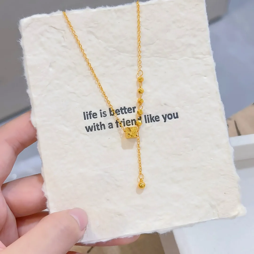 2026 Dainty Light Luxury Textured Square Pendant Tassel Necklace For Women Gold Plated Copper Suitable For Daily Wear Party Fash