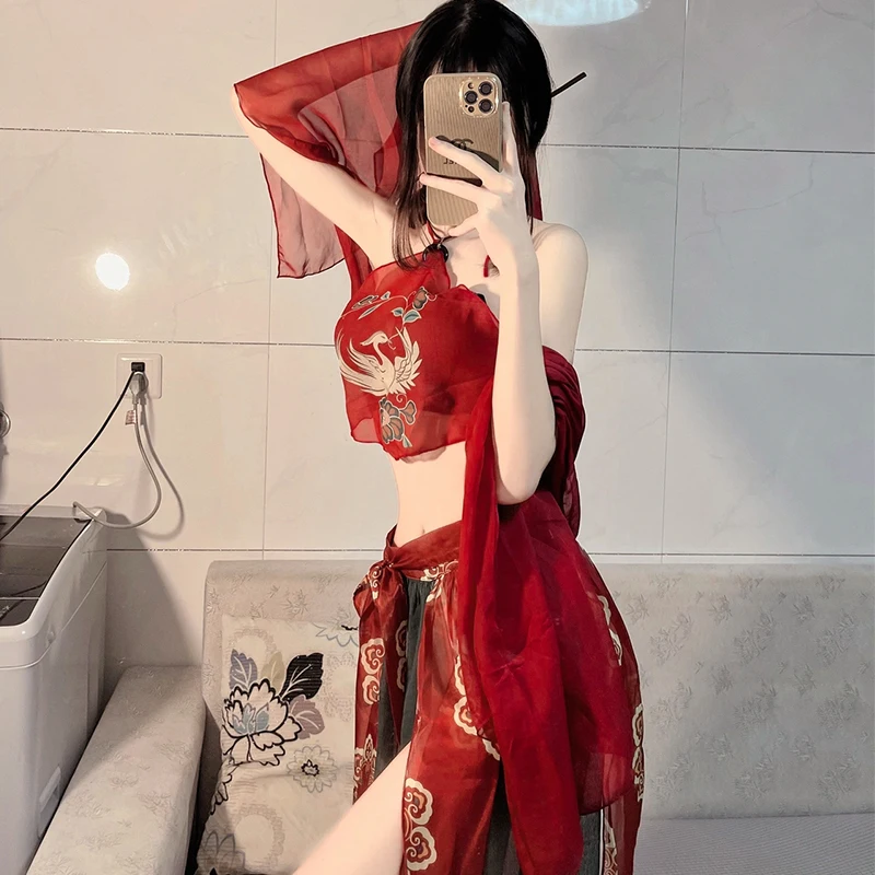 Chinese Red Sexy Hanfu Apron Women\'s Pure Desire Lingerie Suspender Skirt Uniform Hot Shawl Temptation Pajamas Bandage Skirt Set