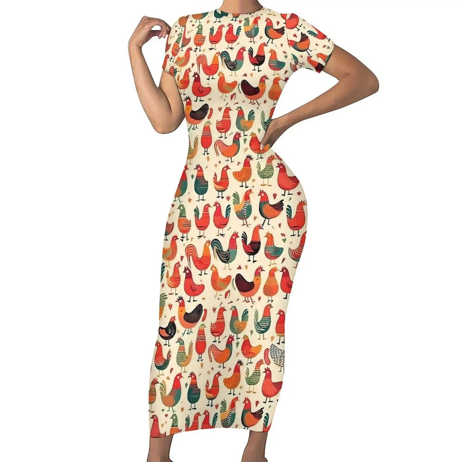 Chickens Rooster Vintage Dress Short Sleeve  Modern Maxi Dresses Summer Street Style Printed Bodycon Dress Large Size 5XL 6XL