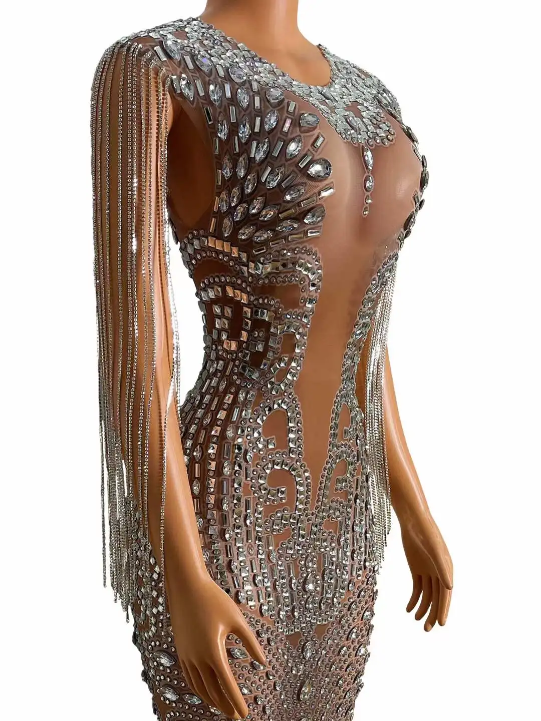 Frauen Strass Geburtstag Fringe Stunning Kleid Ärmel Elegante Sexy Tänzerin Bühne Tragen Gogo Sehen Durch Drag Queen Outfit