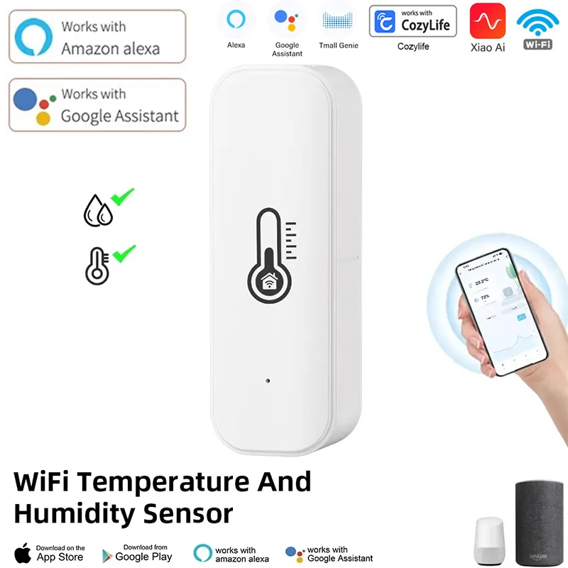 WiFi Temperature Humidity Sensor Indoor Home Humidity Sensor Battery Powered APP Monitoring For Alexa Google Home Voice Control