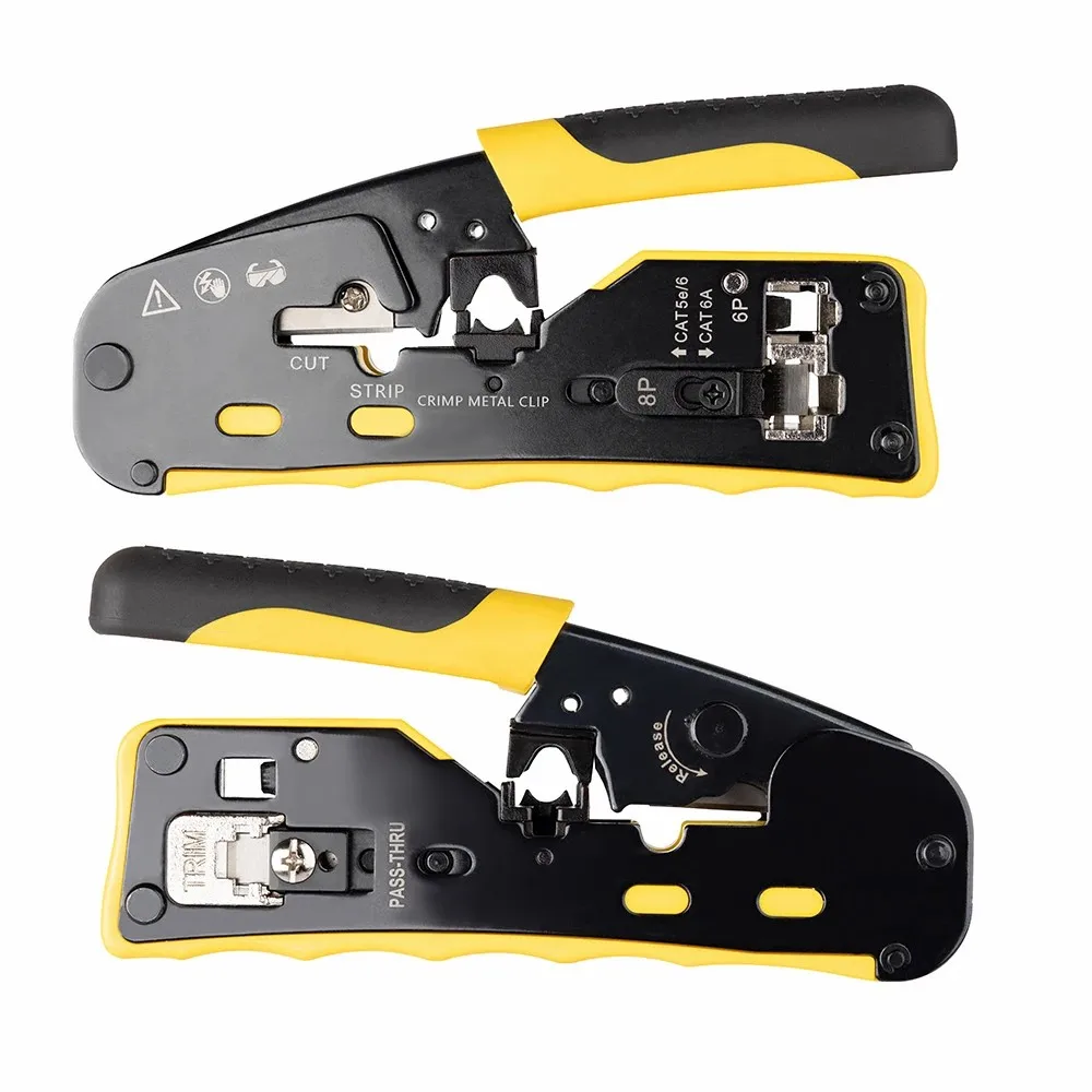 WoeoW Tools Ratcheting Modular Data Cable Crimper /Wire Stripper /Wire Cutter for CAT5e CAT6 CAT6A/7, RJ45 Pass-Thru Connector