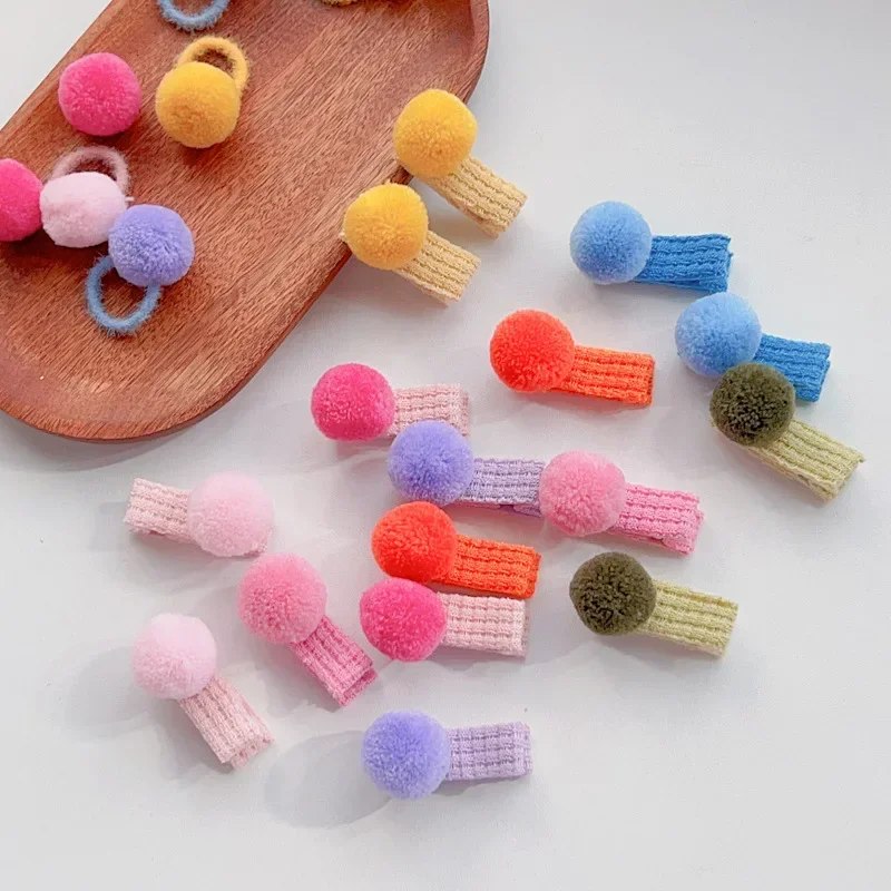 New 2pcs Korean Kawaii Candy Color Pompoms Hair Clips Little Girls Princess Barrettes Headwear Girls Kids Hair Accessories