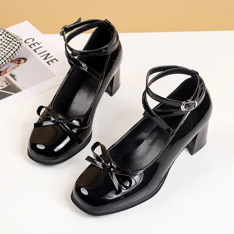 Black Mary Jane Women Pumps Thick High Heels Shoes Female Lolita Square Toe Shoes Spring Fashion Party Leather Woman Shoes New