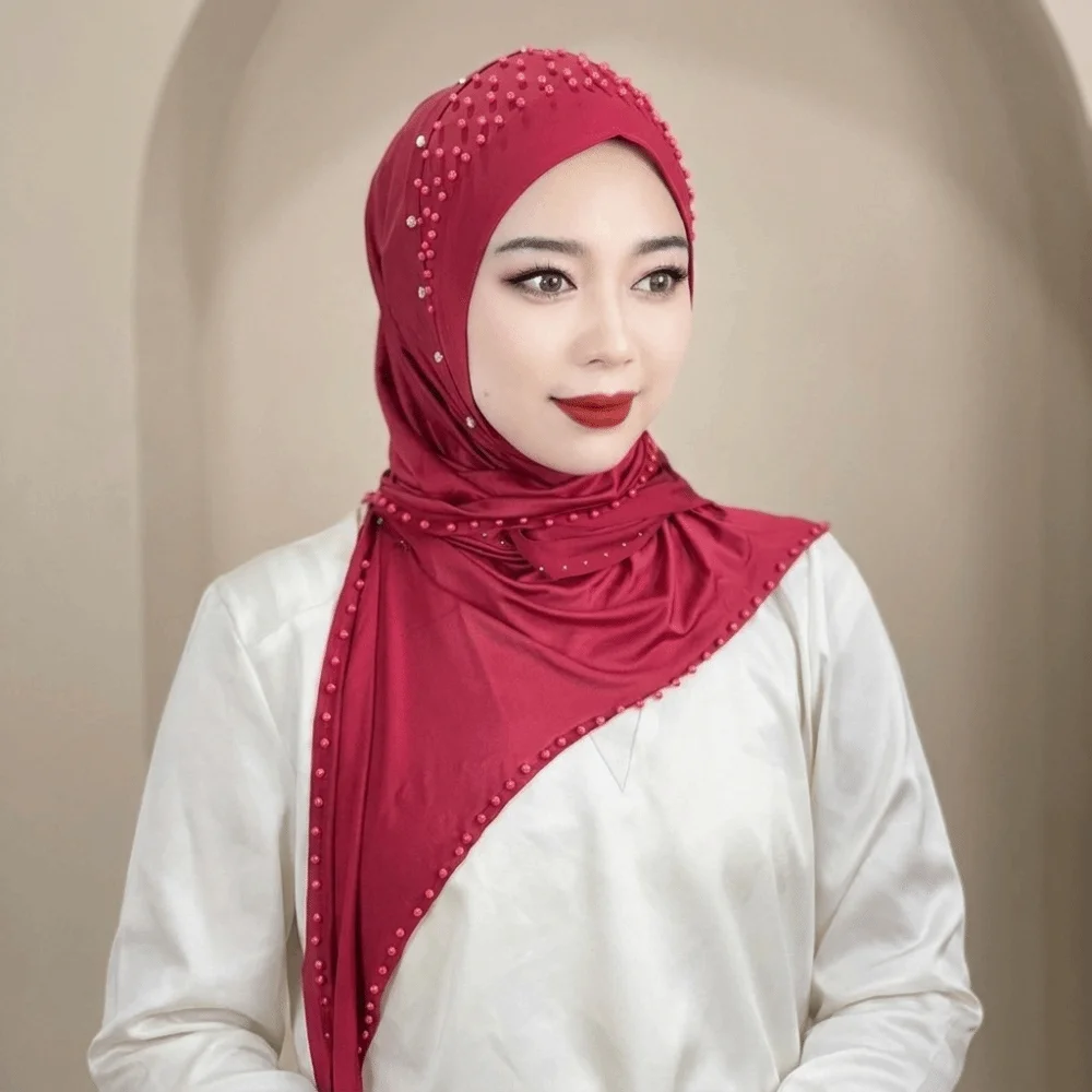 Convenient Soft Beaded Instant Hijab Stretch Easy Wrap Malay Headscarf Breathable Solid Color Pullover Scarf Formal