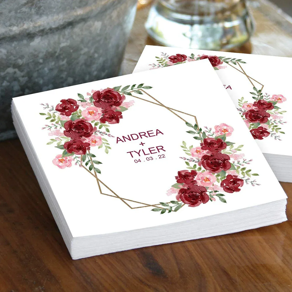 

50pcs Vibrant Floral Personalized Napkins / 100 Custom Printed Beverage or Dinner White Uncoined Napkins / Folded 3 Ply Napkins