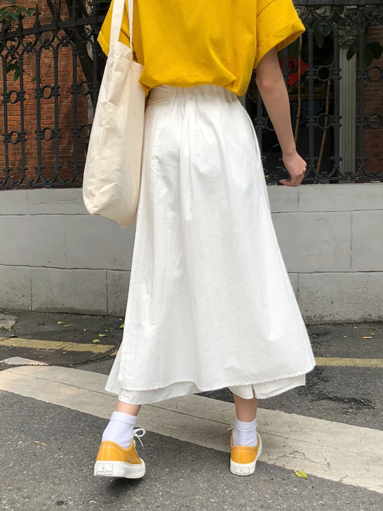 Korean Fashion Minimalism Irregular Skirts Women Elastic Waist Pocket Skirts Black White Long Skirt Maxi Casual Summer Skirt