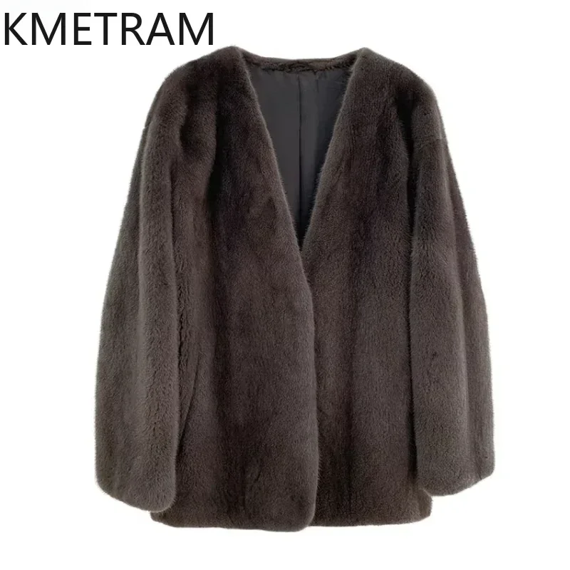 Natural Danish Mink Fur Coat Women Luxury V Neck Fur Jacket Winter Warm Outerwears New Womans Clothing Fourrures Femmes 2024