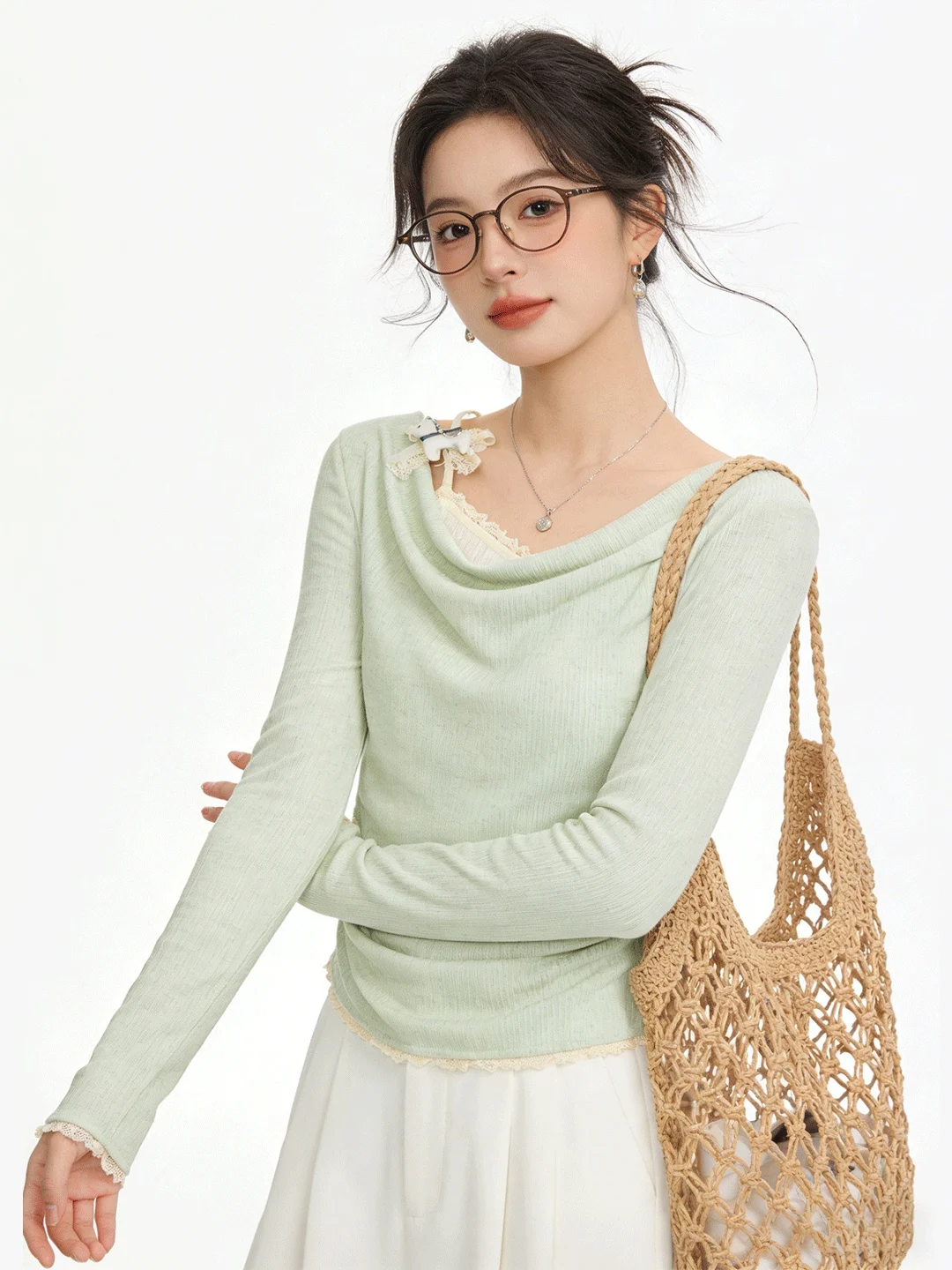 Chic Anti-Aging Light Green Knitted Top Korean Style Waist-Cinching Slimming Lace Splice Long Sleeve T-shirt Early Spring