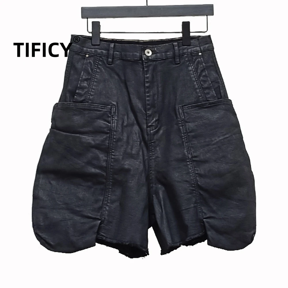 High Street Cotton RO-style Waxed Edge Denim Shorts Men's Multiple Pockets Casual Elastic Workwear Five-inch Jeans Pants