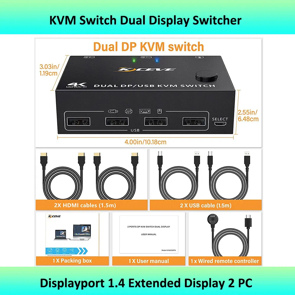 Podwójny Monitor HDMI DP przełącznik KVM 4K @ 60Hz,2K @ 120Hz, rozszerzony przełącznik wyświetlacza dla 2 komputerów dzielą 2 monitory i 4 porty USB 3.0