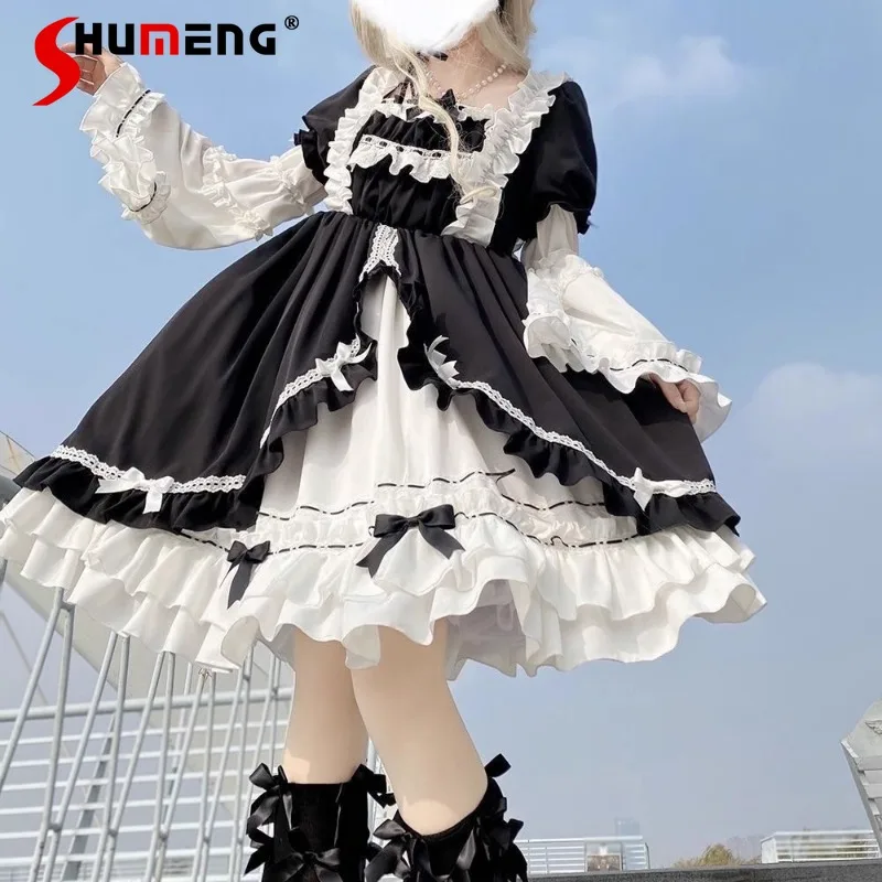 

Japanese Lolita Style Autumn Black And White Rose Girl Cosplay Princess Detachable Sleeves Dress Op Y2k Clothes Vestido De Mujer