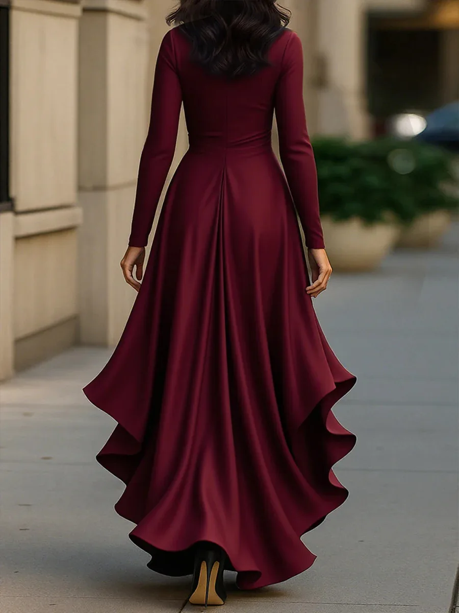 Womens Dresses 2025 Spring New Solid Color Satin V-Neck Long Sleeve Waist Cinched Irregular Ruffle Hem Elegant Party Dress