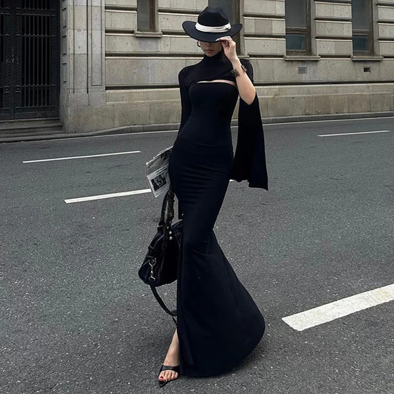 MEXZT Elegante Zwarte Lange Jurk Vrouwen Party Prom Sexy Hollow Out Slit Maxi Jurken Coltrui Gewaad Lange Mouw Bodycon vestidos