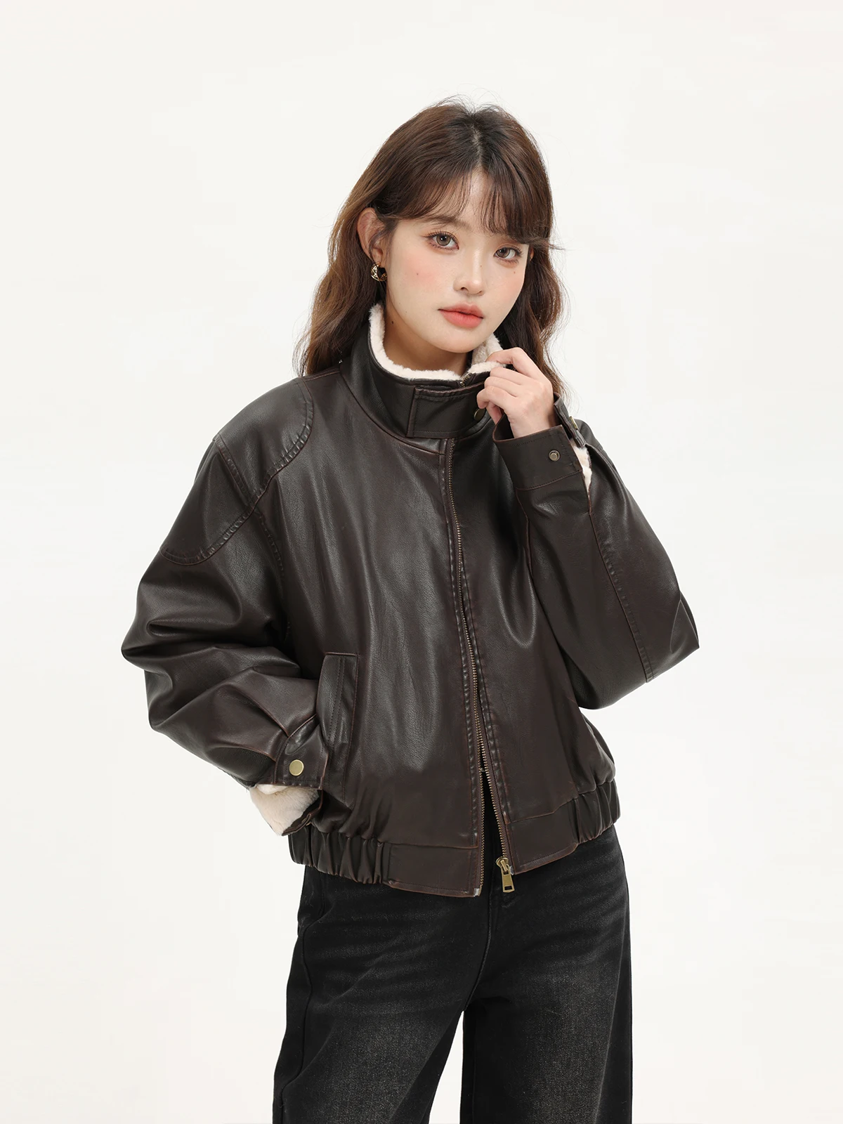 Coreano sle ort thiened motocicleta jaet inverno quente gola casaco de motociclista doce legal americano retro couro do plutônio