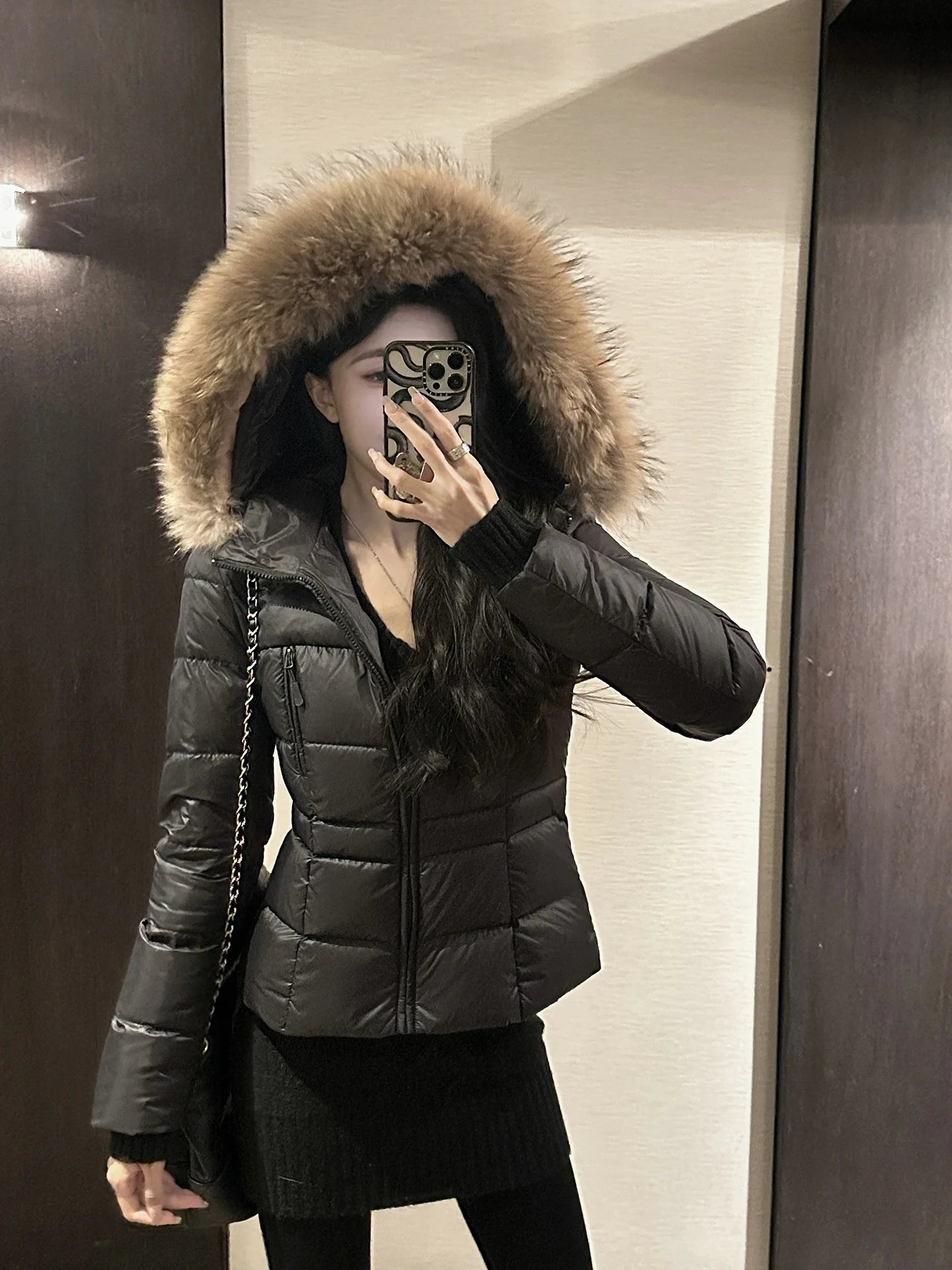 

He Chenxi Women's Puffer Jaet Bla 90 White Du down Fur Collar Slim Fit Winter Coat Casual Sle Regular Sve Length