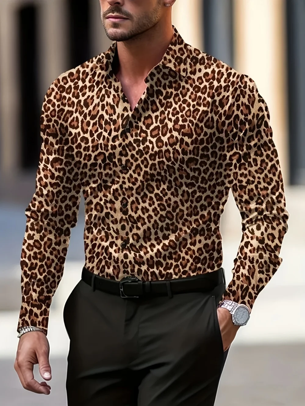 Men's Fashion Leopard Pattern Long Sleeve Shirt Comfortable Casual Spring and Autumn Tops Outdoor Daily Wear Elegant Mens Shirts