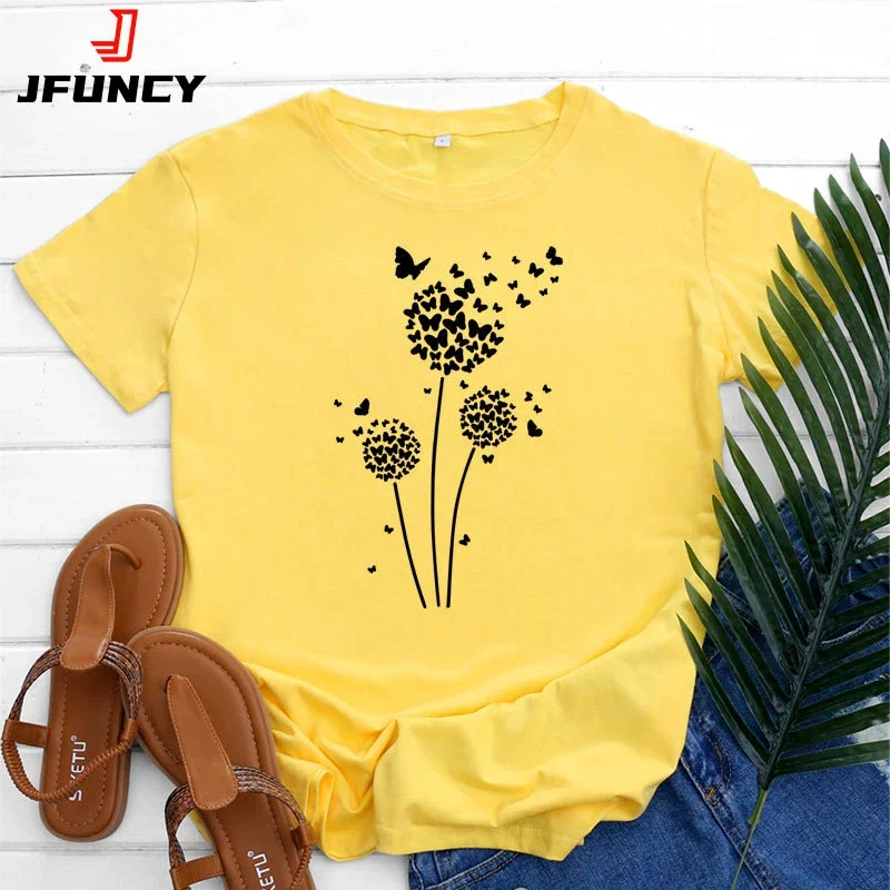 

JFUNCY Oversized Tshirt Top Women Summer Cotton T-shirt Short Sleeve Love Dandelion Harajuku Graphic Tee Shirt Female Clothing