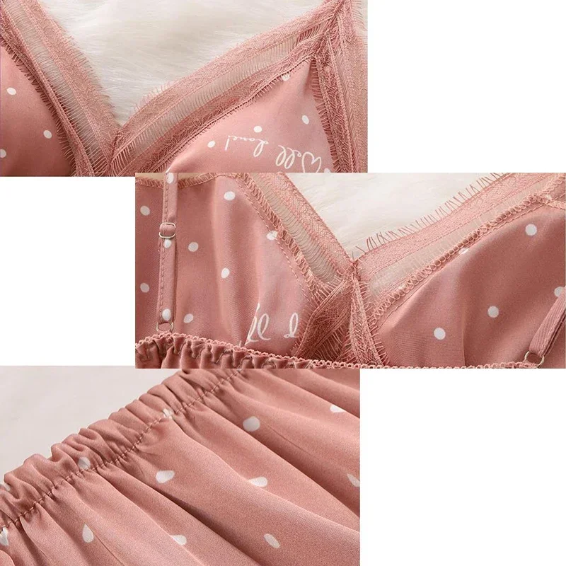 Pink Print Dot Wedding Robe Set Sleepwear Casual Intimate Lingerie Nightgown Nightdress Soft Homewear Home Clothing Kimono Gown