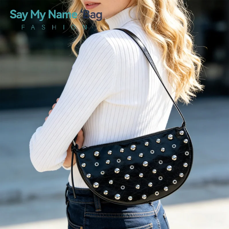 

Дизайнерская сумка через плечо с заклепками, сумка-полумесяц с заклепками, новинка 2026 года, женская серебристая сумка на плечо, высококачественная ретро-сумка на плечо с заклепками и в горошек