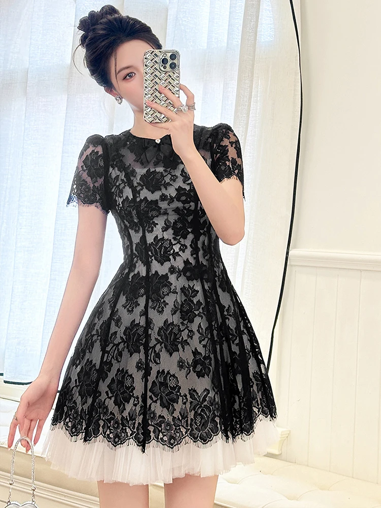 فستان نسائي صيفي جديد بأكمام قصيرة من الدانتيل باللون الأسود الوردي أنيق بفيونكة شفافة من التول لحفلات الكوكتيل بقصة ضيقة فستان رسمي للسيدات