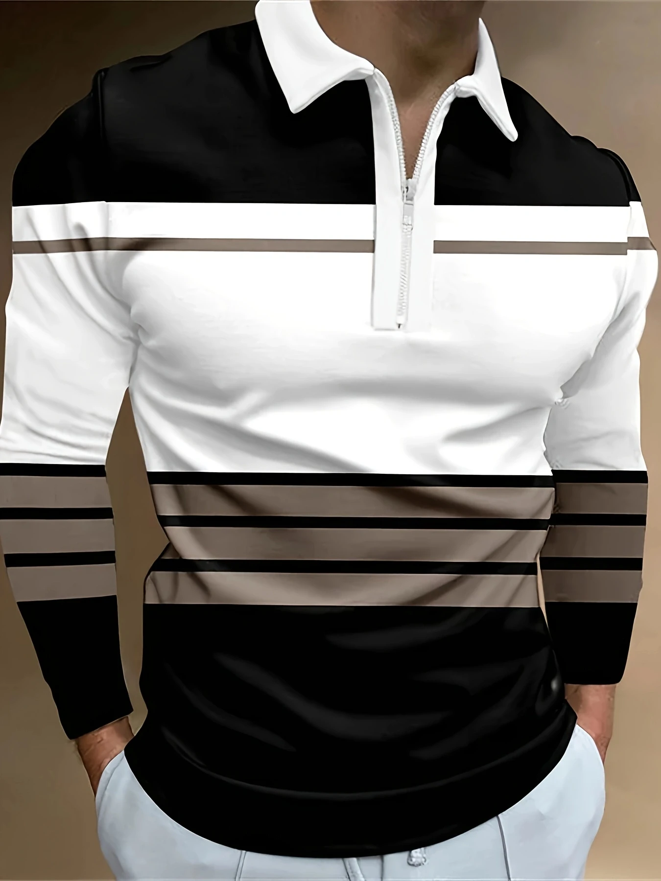 

Men's long sleeved zipper collar shirt striped fashion spring and autumn polo shirt collar