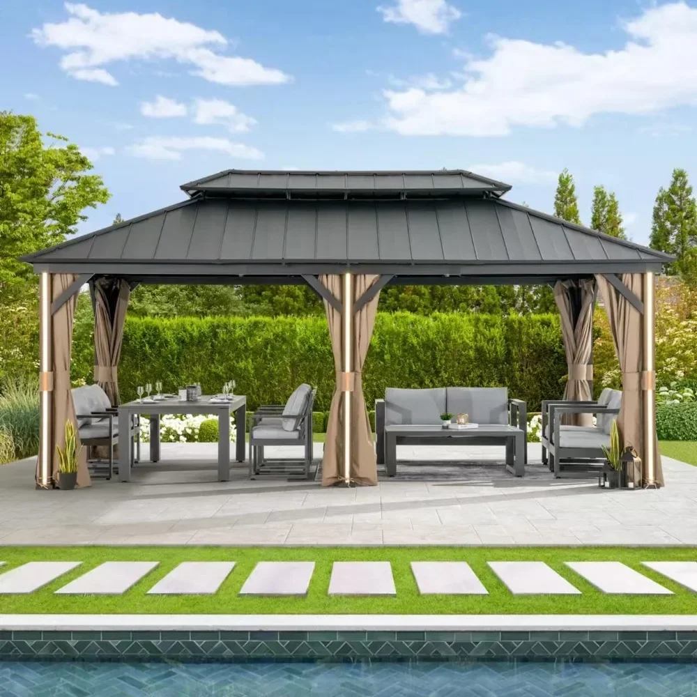 

%a 12' x 20' Gazebo with 6 LED Lights, Outdoor Gazebo with Galvanized Steel Double Roof, Netting and Curtains for Patios gazeb
