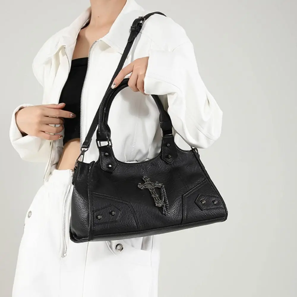 

PU Leather Gothic Cross Crossbody Bag Retro American Style Large Capacity Locomotive Style Underarm Bag Solid Color Korean Style