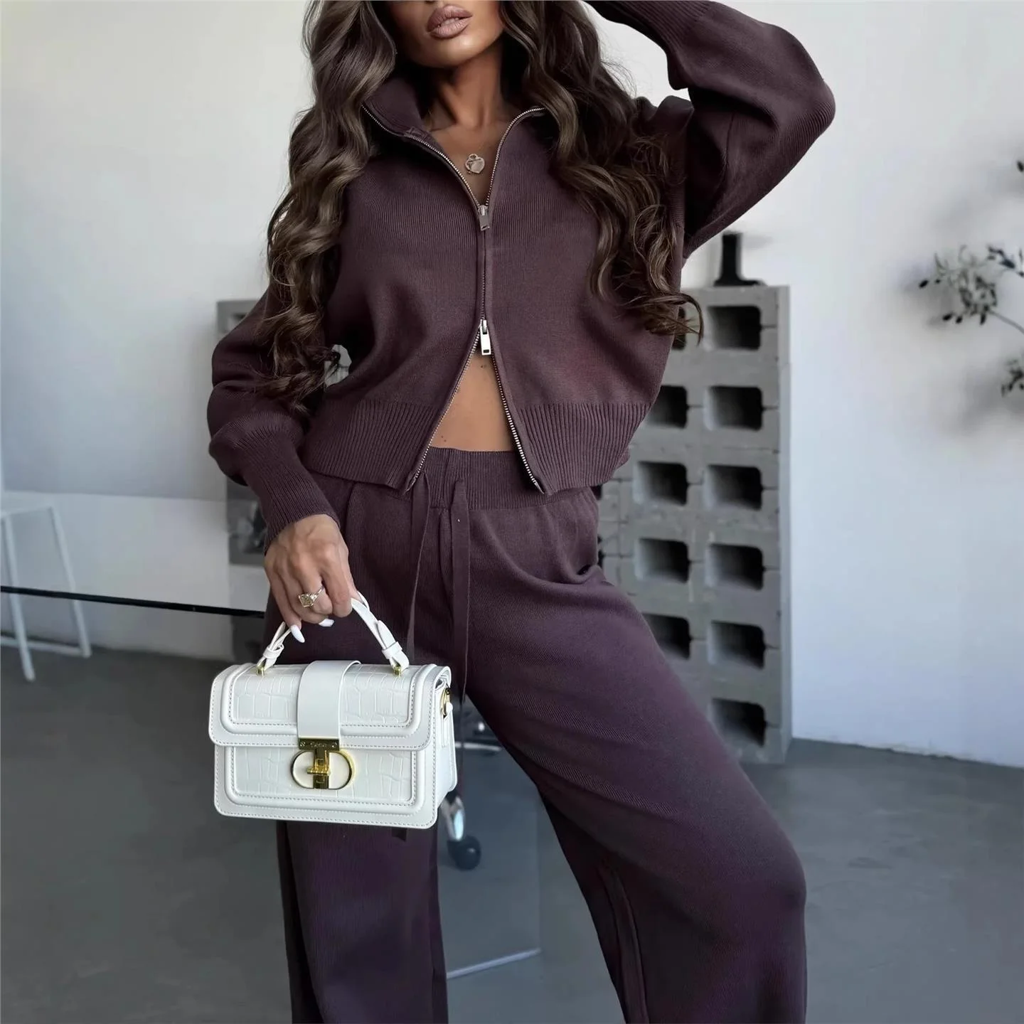 Autumn Winter Knitted Zipper Collar Sweater Cardigan Elastic Wide Leg Pants Set Women's Gentle Style Casual Pants PVC Material