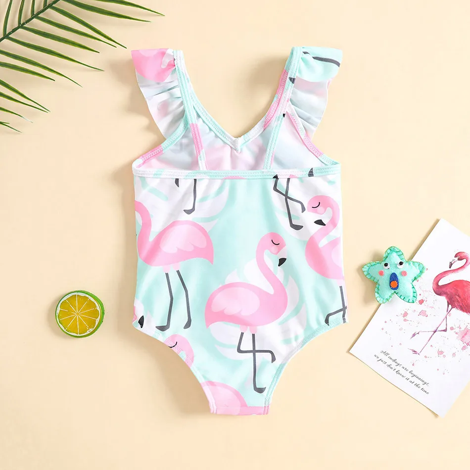 Flamingo Printed Strap V-Neck Girl Swimsuit Children's Swimsuit One Piece Swimsuit Fashion Cartoon Swimwear Girl Vacation Gift