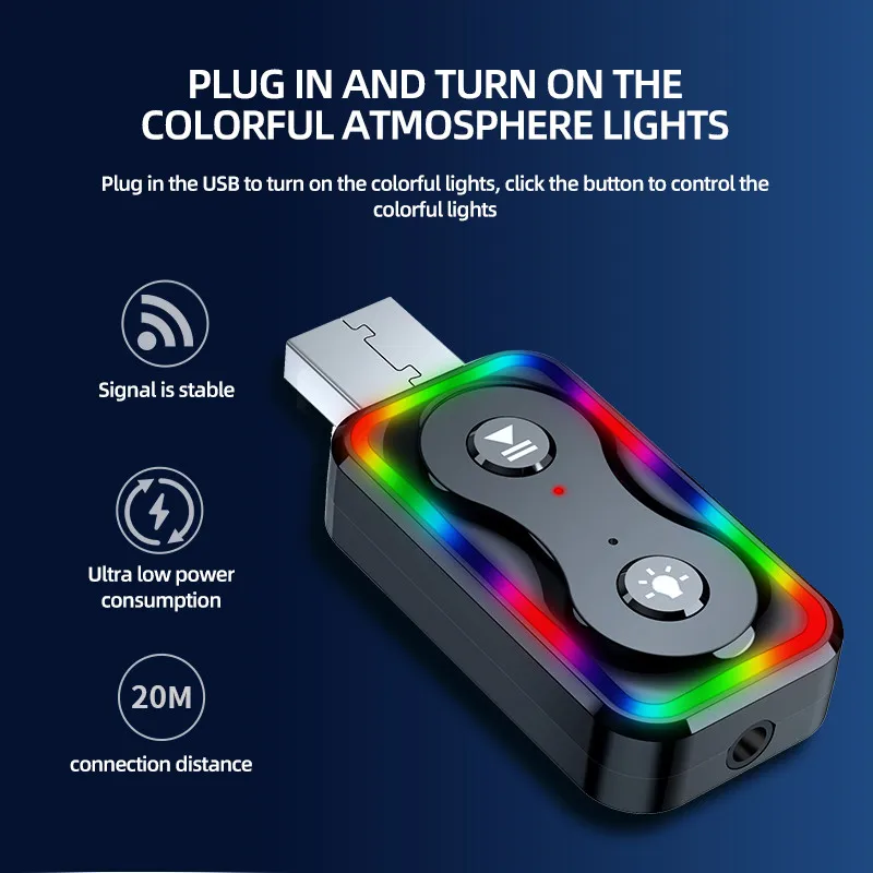 Wireless Adapter Receptor Bluetooth 5.3 With Color LED 3.5mm Aux Audio Receiver Transmitter Audio Receptor For Car PC MP3 Player
