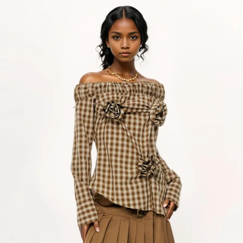 DEAT Fashion Women's Plaid Slanted Shoulder Casual Blouse 3D Flower Pleated Shirts Female Trendy 2025 Spring New Items 11A02342