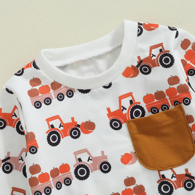 Conjunto de chándal de 2 piezas para niños pequeños, Tops de manga larga con cuello redondo de bolsillo estampado de Tractor, pantalones largos con cordón, trajes