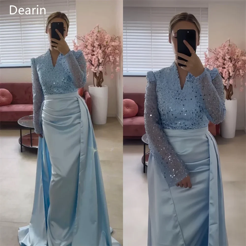 

Customized Saudi Arabia Dearin V-neck Column Floor Length Skirts Sequin Shirred Tulle Bespoke Occasion Dresses Prom Dress Formal