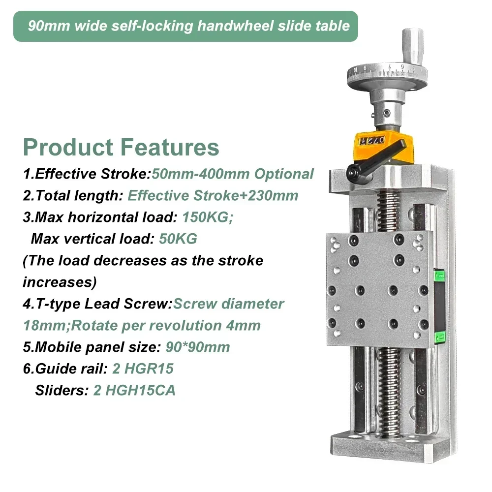 Z Axis Manual T-type Sliding Table Ball Screw Double Linear Rail Stage with Digital Display 2PCS HGH15CA 120kg Load 90mm Wide