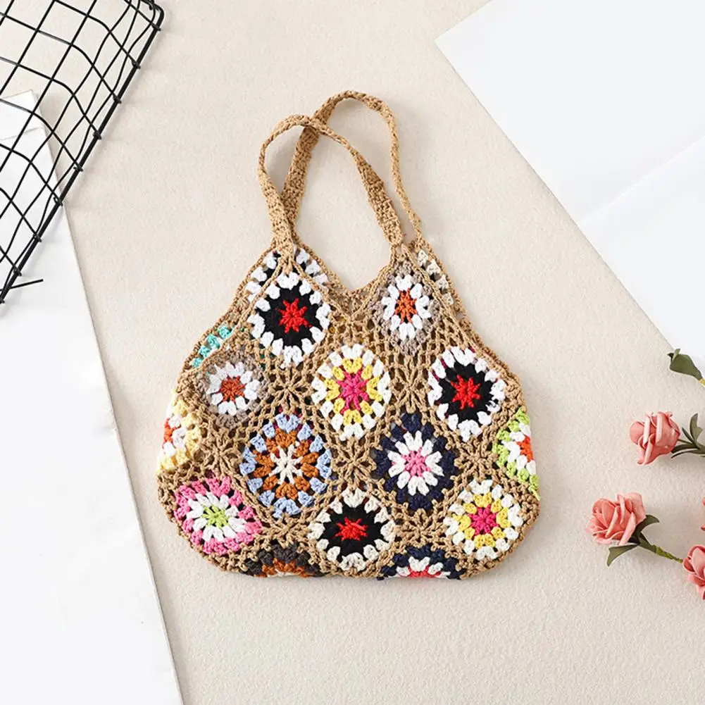 Bohemian Crochet Ladies Shoulder Bags Knitted Multicolor Hollow Tote Bag Retro Casual Knit Tote Bag Summer Beach Bag