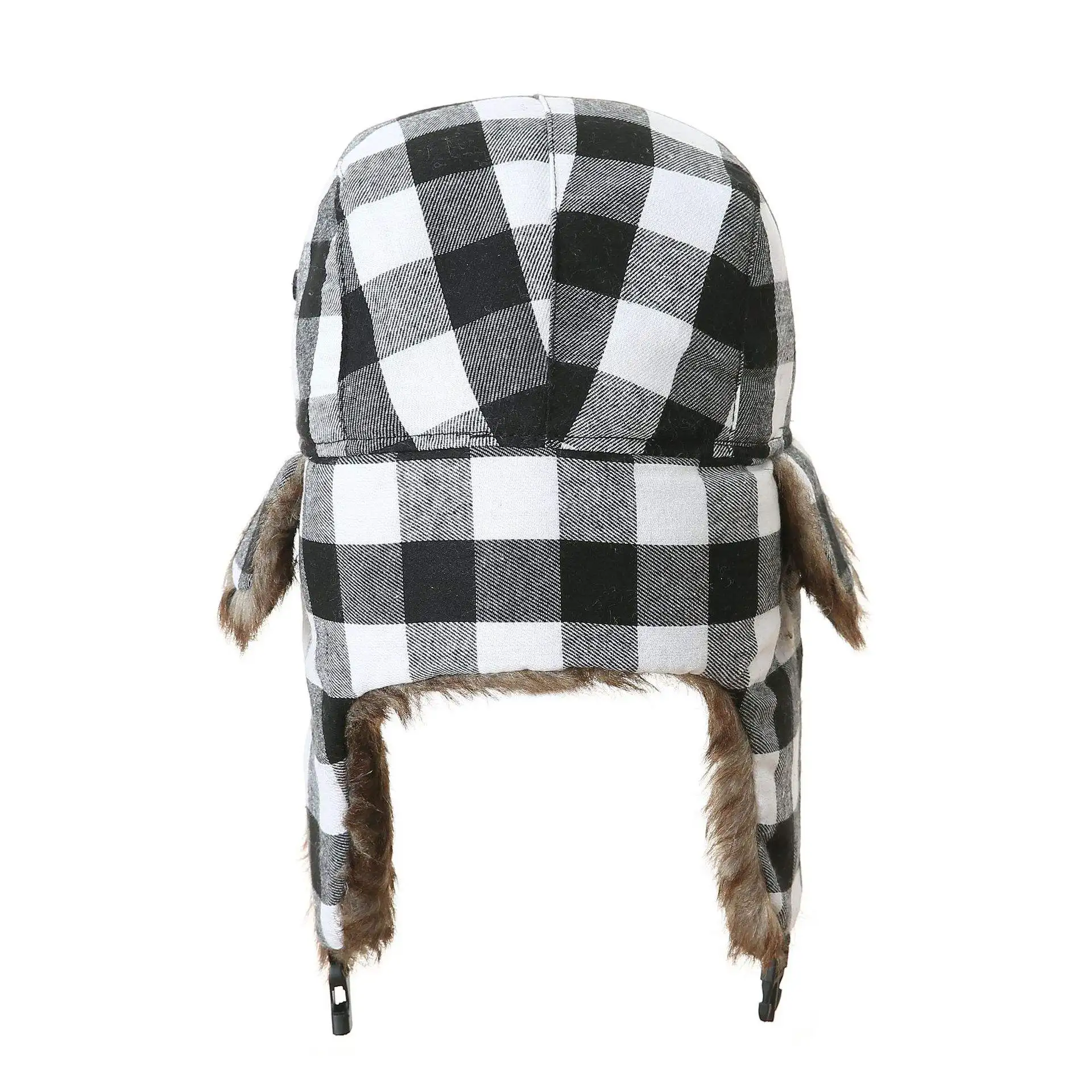 Winter Warm Plaid Aviator Trapper Hat Fleeced Fur Faux Trooper Ear Flap Bomber Russian Winter Skiing Cap