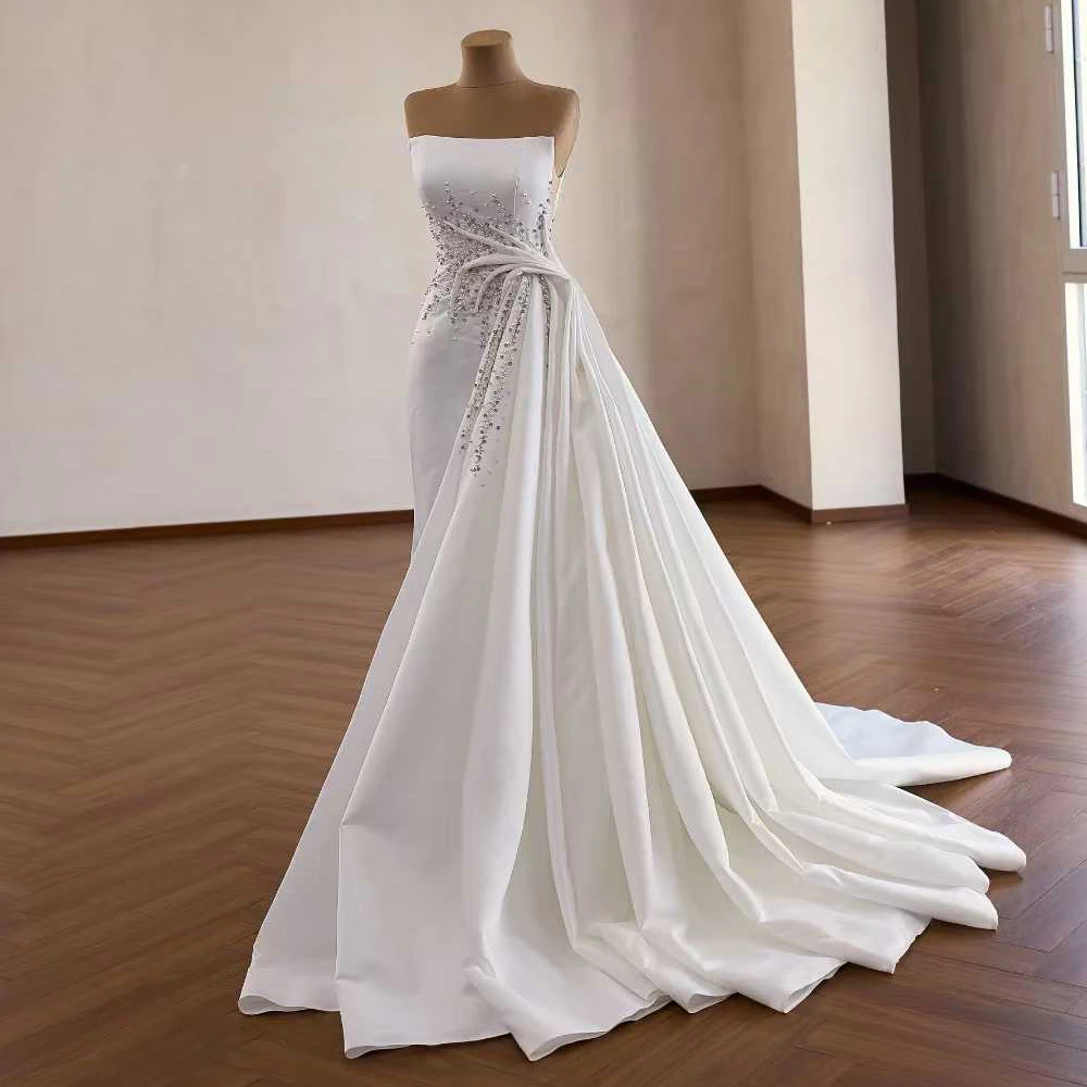 Strapless Wedding Dress Sleeveless Lace Up Back Beading Crystal Ruched Vestidos De Boda Para Fiestas