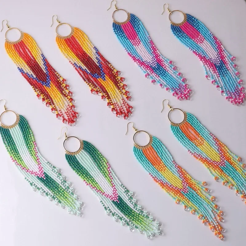 Beaded earrings Tassel Circle Arrow Hand knitting Tassel Design Gradient Bohemia Alloy Tide Simple Rice bead earrings