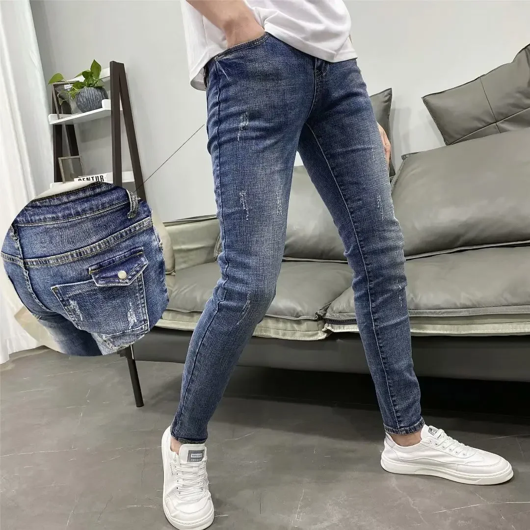 

Slim fit small foot elastic jeans men's summer thin personalized pocket casual pants Korean fashion cat beard pants