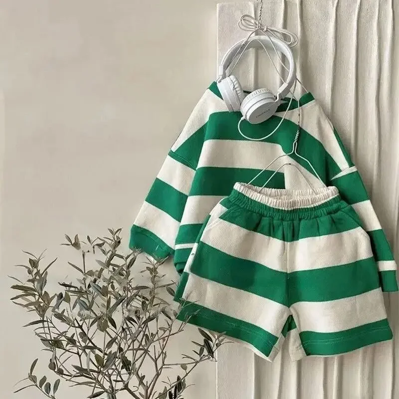 

Children's Clothing Set Spring And Summer 2026 New Style Boys and Girls Striped Hoodie Shorts Two Piece Set