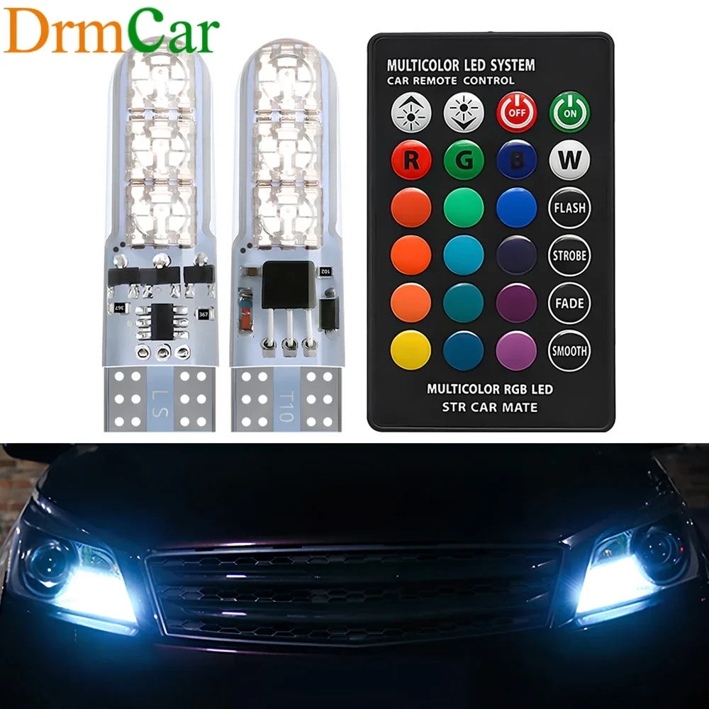 2X T10 W5w SilicaGel LED Remote Controller Lamp RGBW 194 168 5050 Festoon Dome Light Wedge Side Led 12V Car Bulb Width Indicator