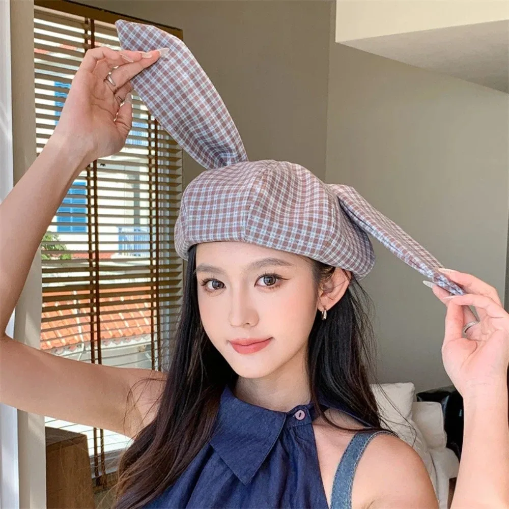 Bild 6: Niedliche achteckige Mütze mit langen Hasenohren, großer Kopfumfang, Newsboy-Mütze im koreanischen Stil, vielseitige karierte Baskenmütze für Frühling und Sommer