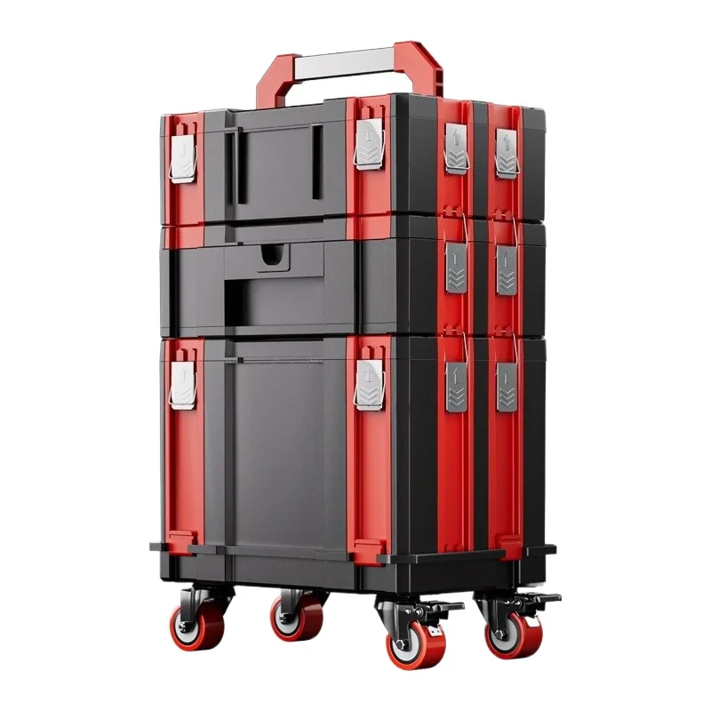 Heavy Duty Modular Stackable Tool Box Set with Wheels Rolling Plastic Tool Storage Organizer for Hardware Tools