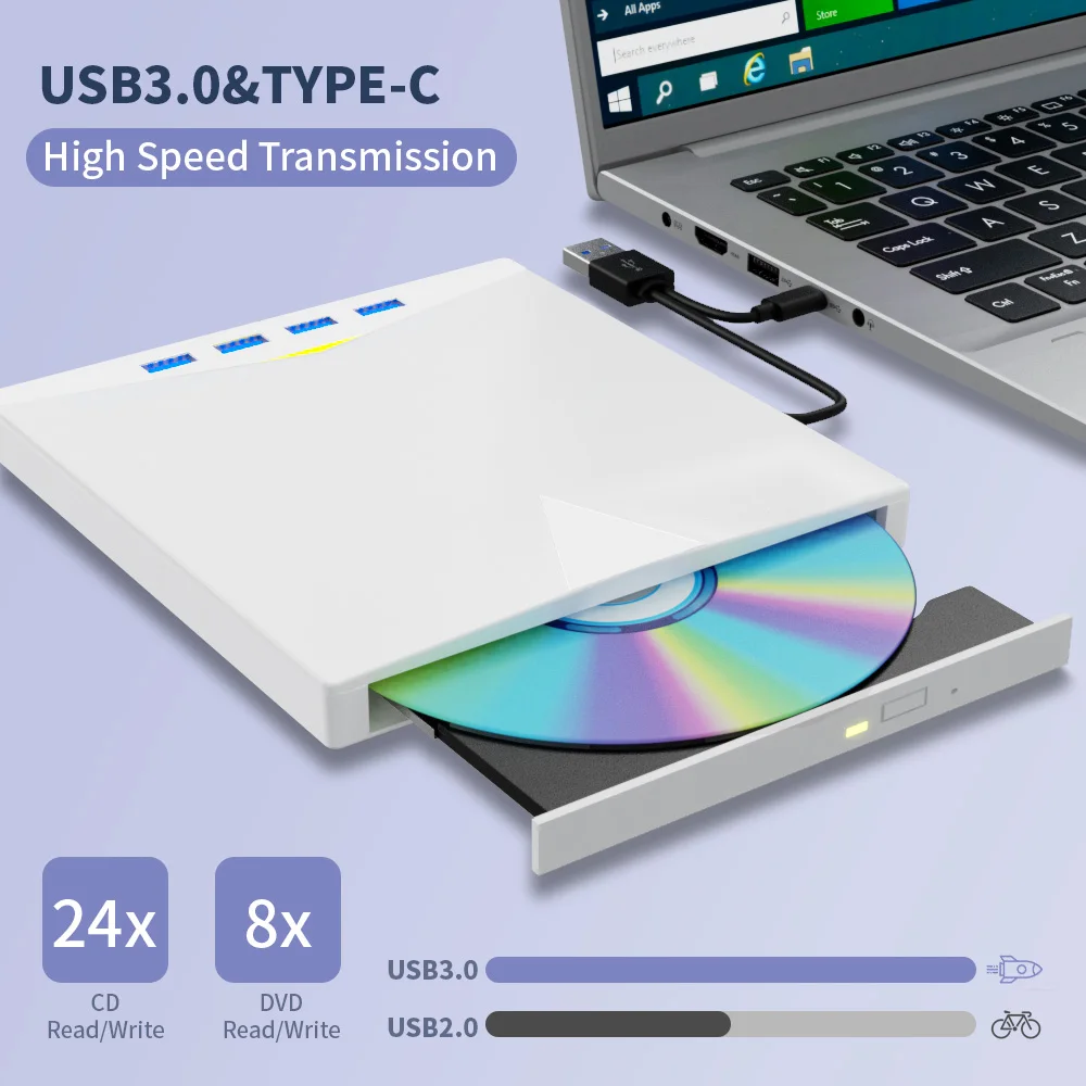 Unidad de CD DVD externa con 4 puertos USB y 2 ranuras para tarjetas TF/SD, USB 3.0 Unidad de disco de CD/DVD portátil Lector de grabadora Escritor