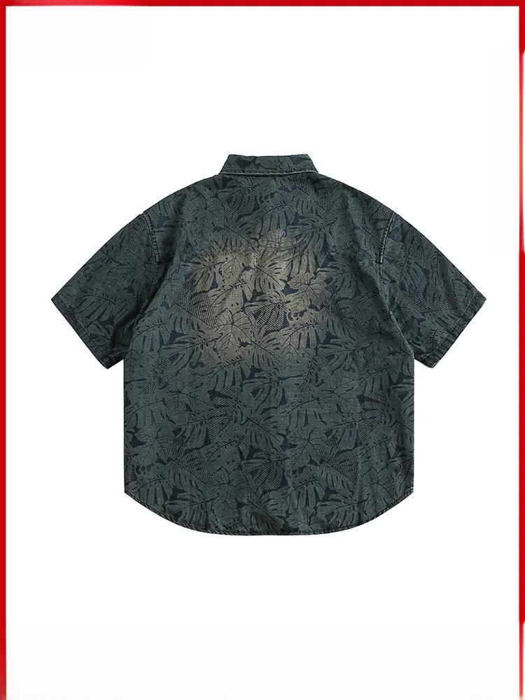 GPstudio Retro Plant Print Washed Denim Short Sleeve Men's Summer High-End Feeling Cool Shirt Jacket Loose Fit Cotton Polyest...