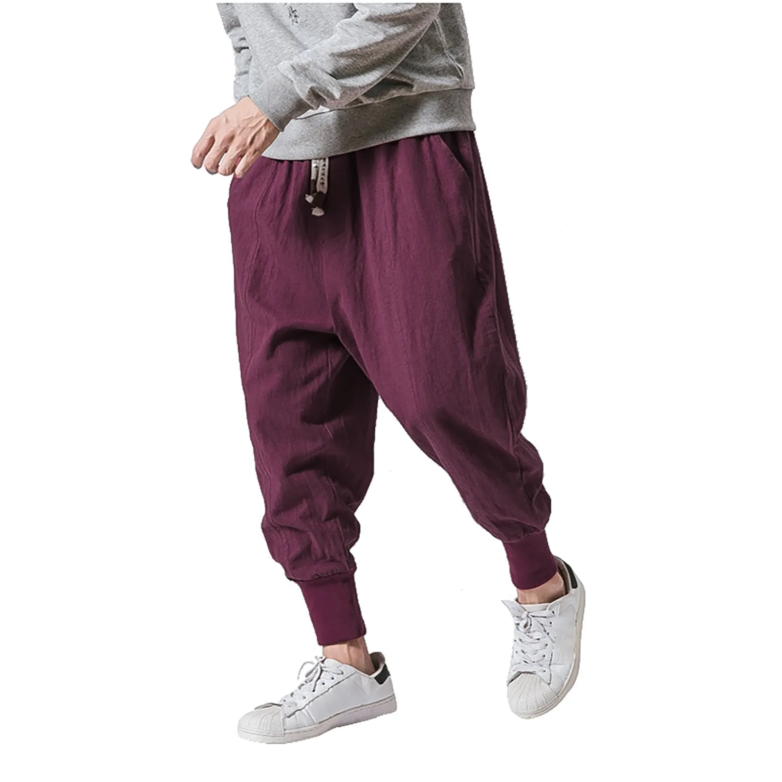 

Cotton Linen Harem Pants Men Solid Elastic Waist Streetwear Joggers 2024 New Baggy Drop-crotch Pants Casual Trousers Male