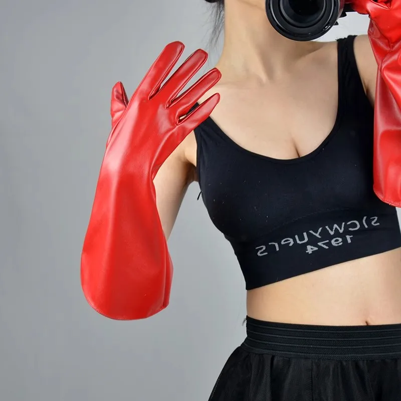 Women's Runway Fashion Red PU Leather Wide Sleeve Long Glove Lady's Club Performance Formal Party Dancing Glove 38cm R1243