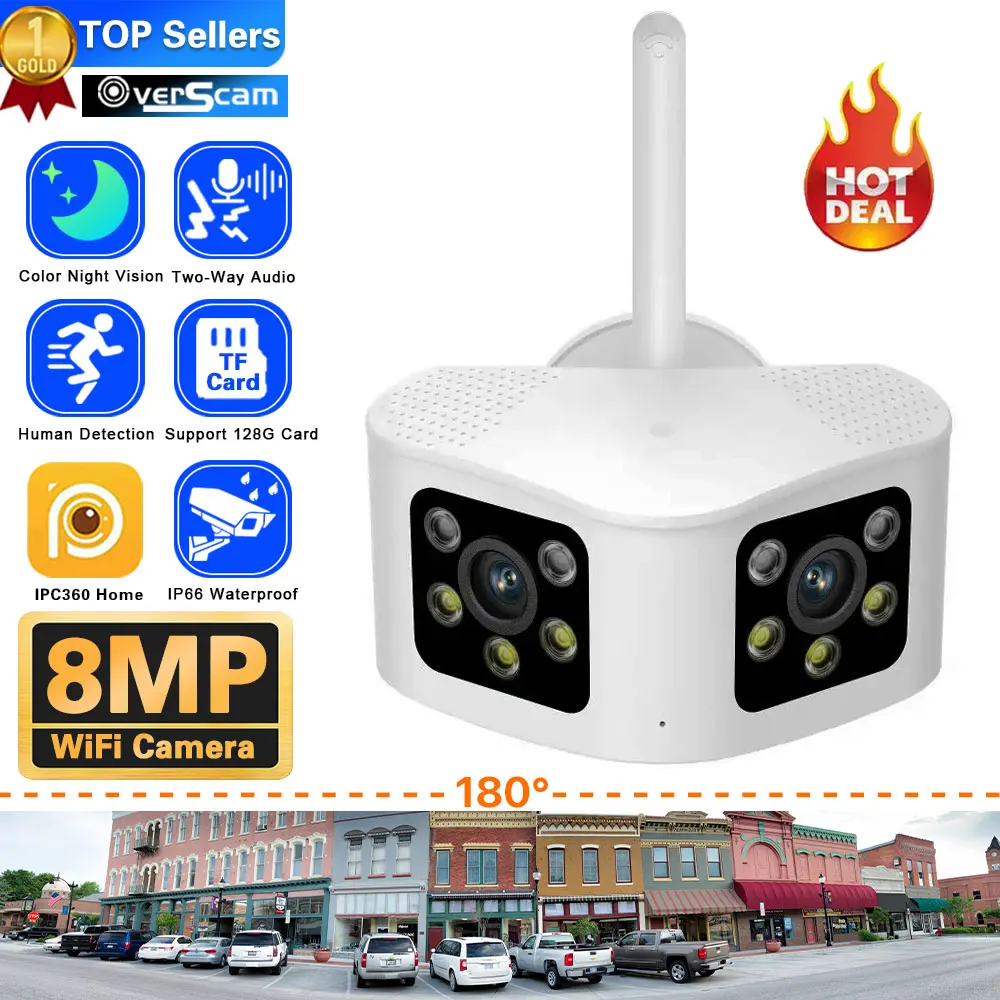 

8MP 4K 180° Ultra Wide View Angle Panoramic WIFI Dual Lens 4MP IP Camera Outdoor Color Motion Detection Home Security Camera